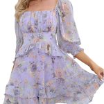 EXLURA Womens Floral Ruffle Summer Dress Sundress Tiered Square Neck Long Sleeve Off Shoulder Smocked Skater Mini Dress